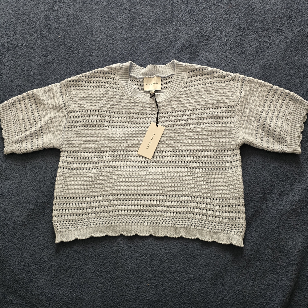 Pink Rose Open-Knit Short Sleeve Crewneck Sweater in Light Blue